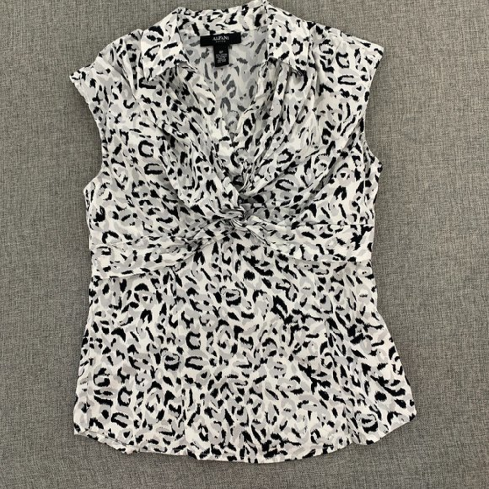 Alfani Twist Front Sleeveless Leopard‎ Blouse Black Gray 6 Petite 97% Cotton